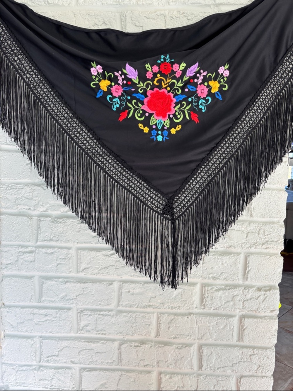 Black Floral Embroidered Fringe Edge Triangular Spanish Style Scarf - Picture 5 of 8